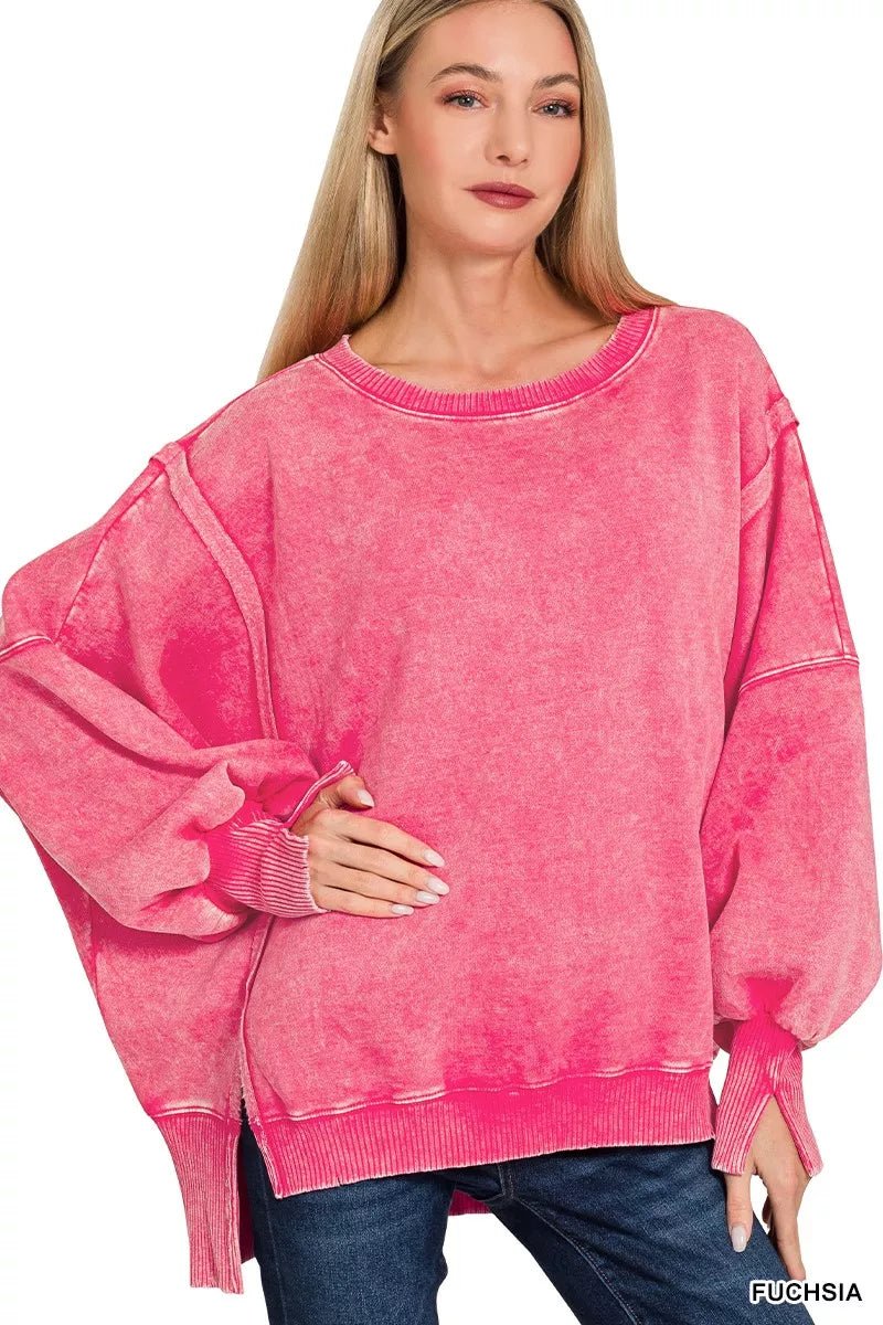 Zenana Acid Washed Batwing Sleeve Fleece Sweatshirt - PBNJ FASHIONS