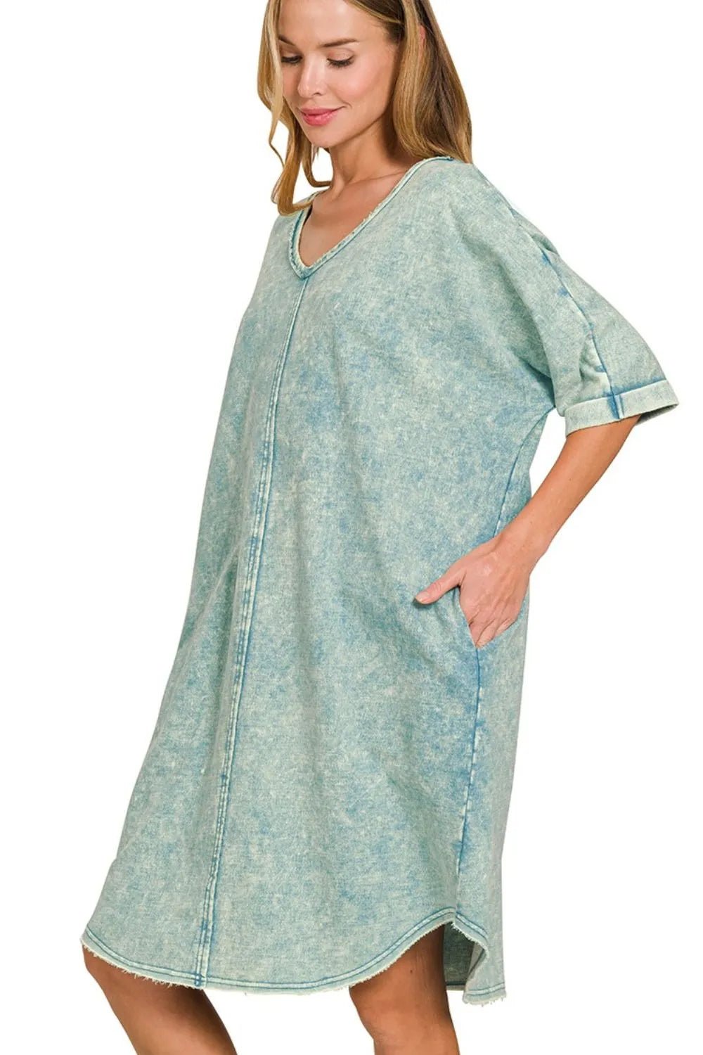 Zenana Acid - washed French Terry Tee Shirts Dress - PBNJ FASHIONS