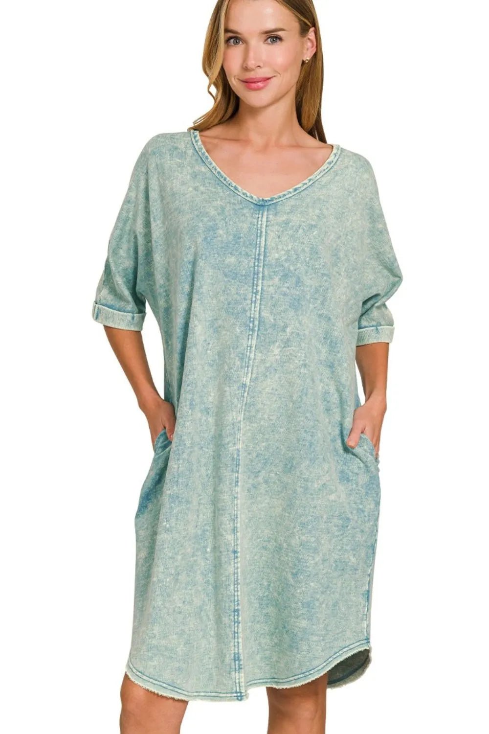 Zenana Acid - washed French Terry Tee Shirts Dress - PBNJ FASHIONS