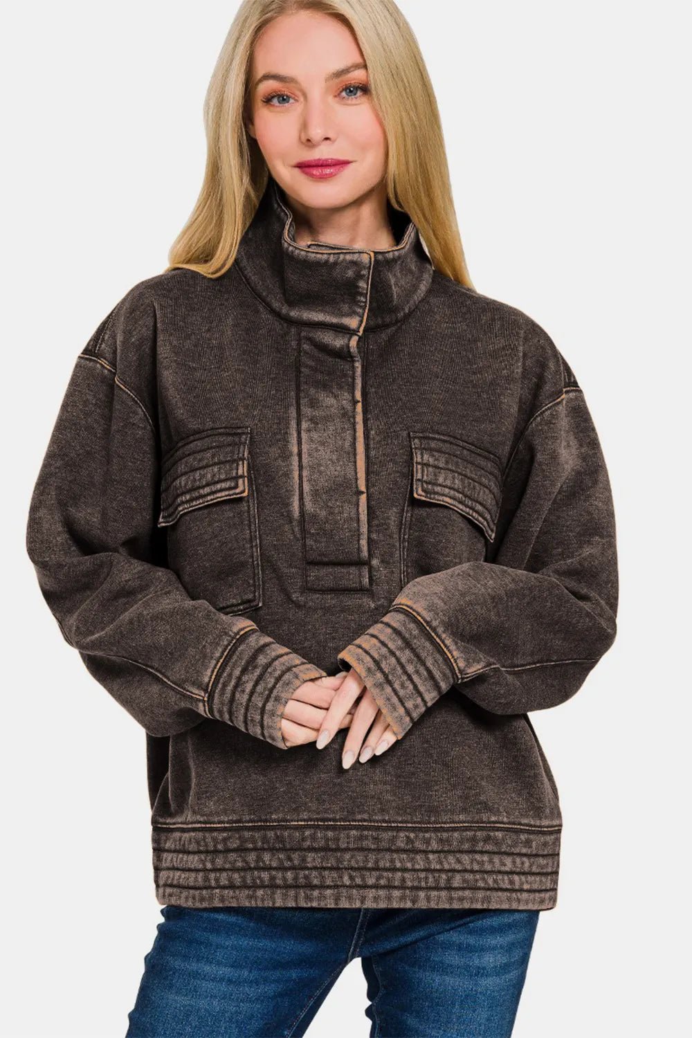 Zenana Acid Washed Half Snap Fleece Sweatshirt - PBNJ FASHIONS