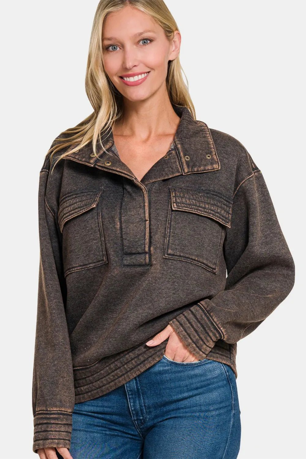 Zenana Acid Washed Half Snap Fleece Sweatshirt - PBNJ FASHIONS