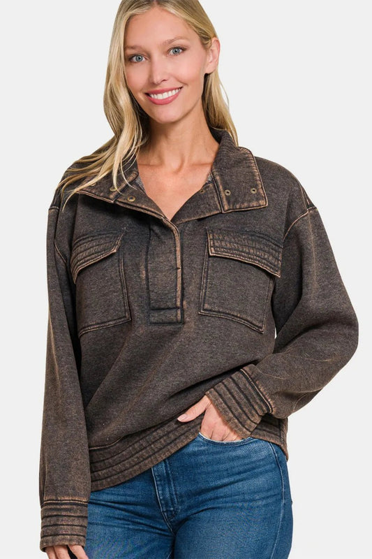 Zenana Acid Washed Half Snap Fleece Sweatshirt - PBNJ FASHIONS