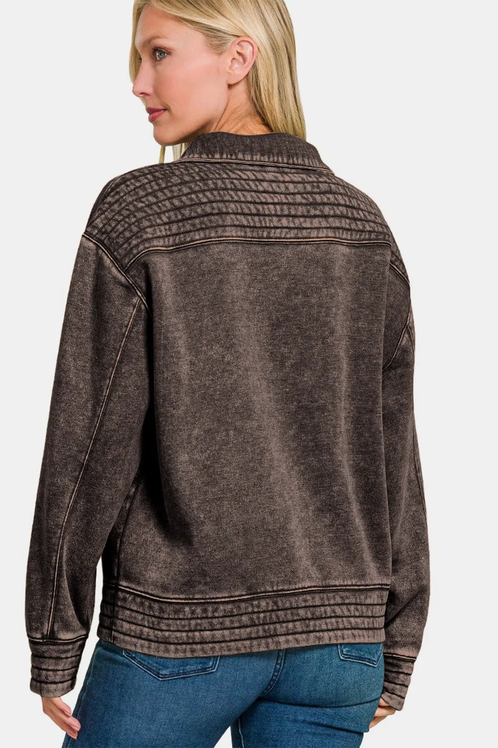 Zenana Acid Washed Half Snap Fleece Sweatshirt - PBNJ FASHIONS