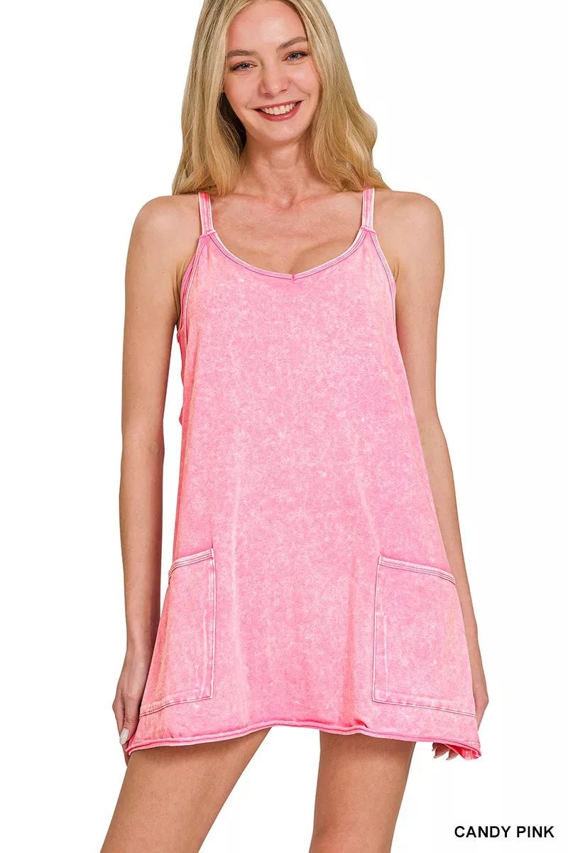 Zenana Acid Washed Mini Dress With Built - in Romper Liner - PBNJ FASHIONS