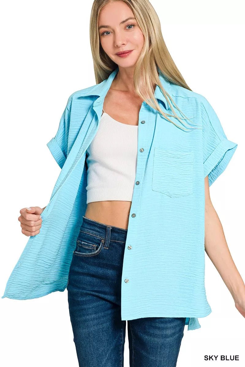 Zenana Airflow Button Down Shirt - Style meets comfort in this premium woven shirt.- - PBNJ FASHIONS