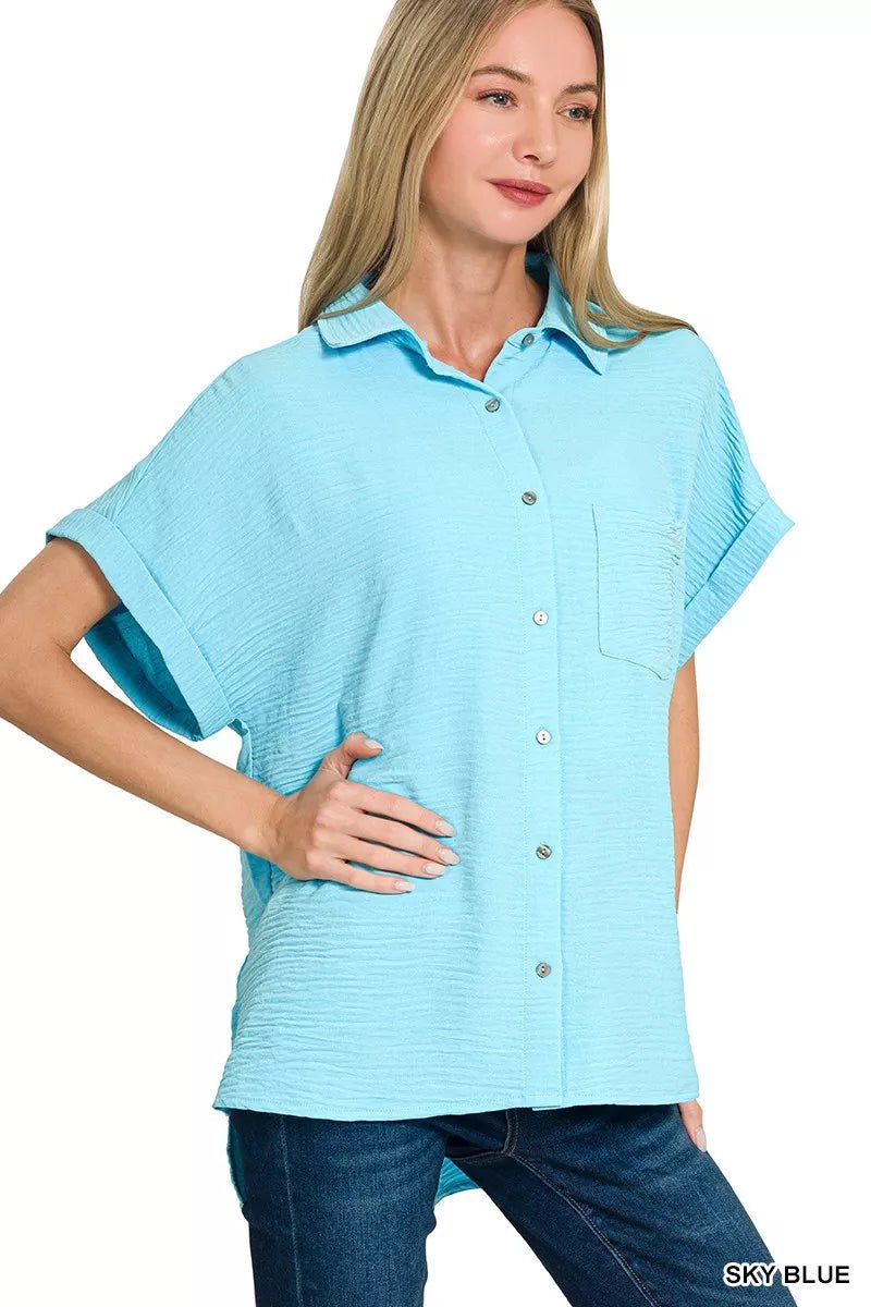 Zenana Airflow Button Down Shirt - Style meets comfort in this premium woven shirt.- - PBNJ FASHIONS