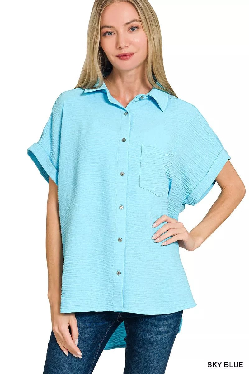 Zenana Airflow Button Down Shirt - Style meets comfort in this premium woven shirt. - SKY BLUE-S- - PBNJ FASHIONS