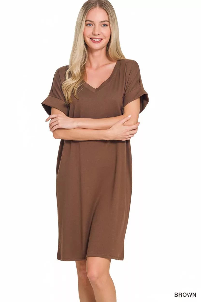 Zenana Brushed Dty Rolled Short Sleeve V - Neck Dress - PBNJ FASHIONS