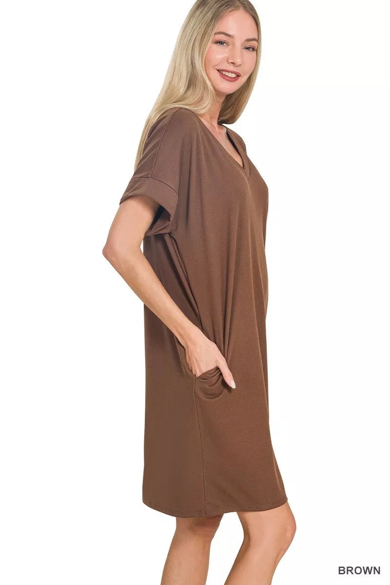 Zenana Brushed Dty Rolled Short Sleeve V - Neck Dress - PBNJ FASHIONS