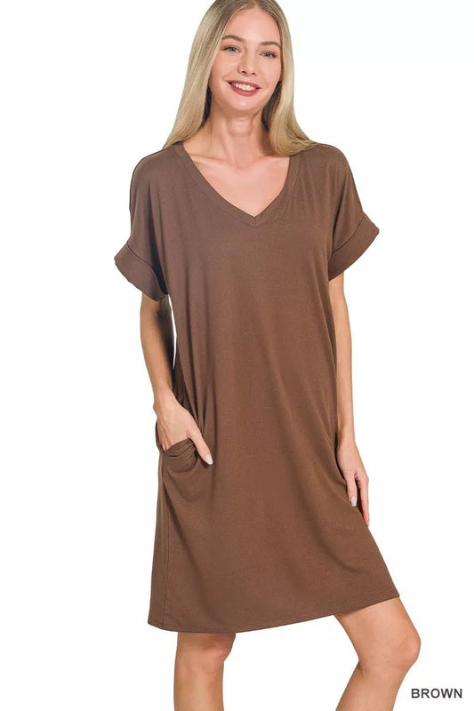 Zenana Brushed Dty Rolled Short Sleeve V - Neck Dress - PBNJ FASHIONS