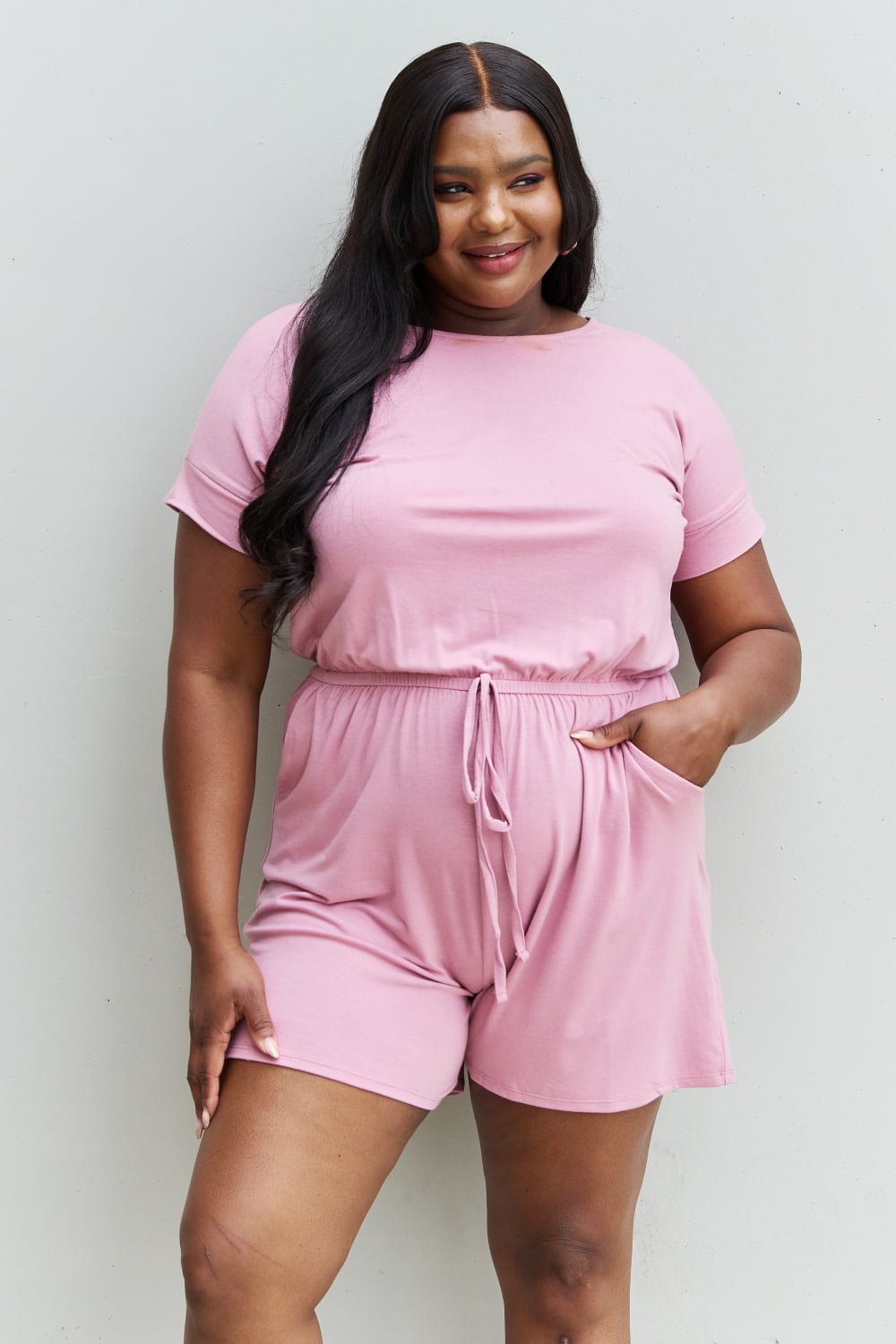 Zenana Chilled Out Full Size Short Sleeve Romper in Light Carnation Pink - PBNJ FASHIONS