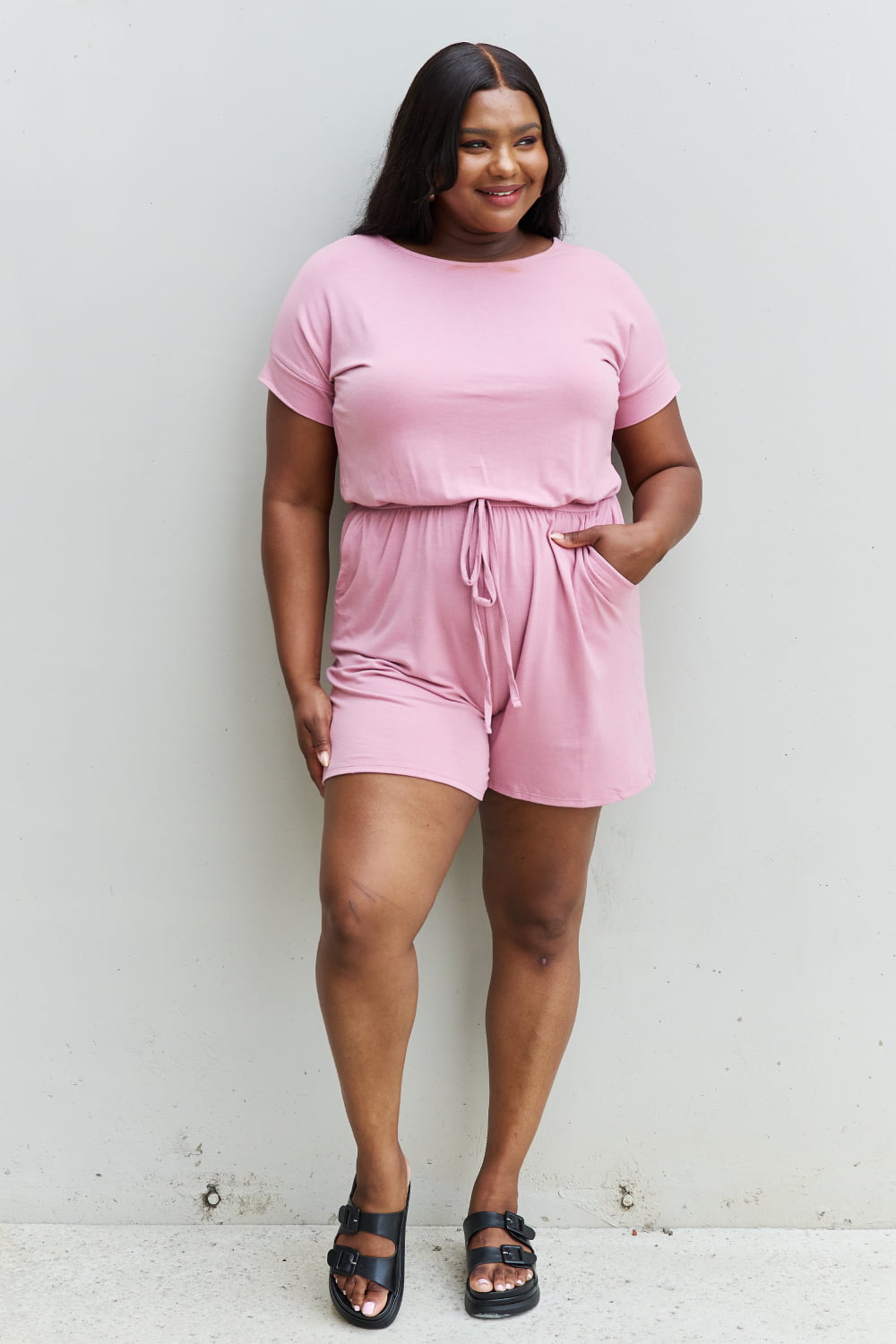 Zenana Chilled Out Full Size Short Sleeve Romper in Light Carnation Pink - PBNJ FASHIONS