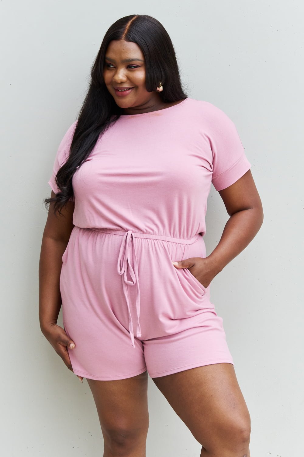 Zenana Chilled Out Full Size Short Sleeve Romper in Light Carnation Pink - PBNJ FASHIONS