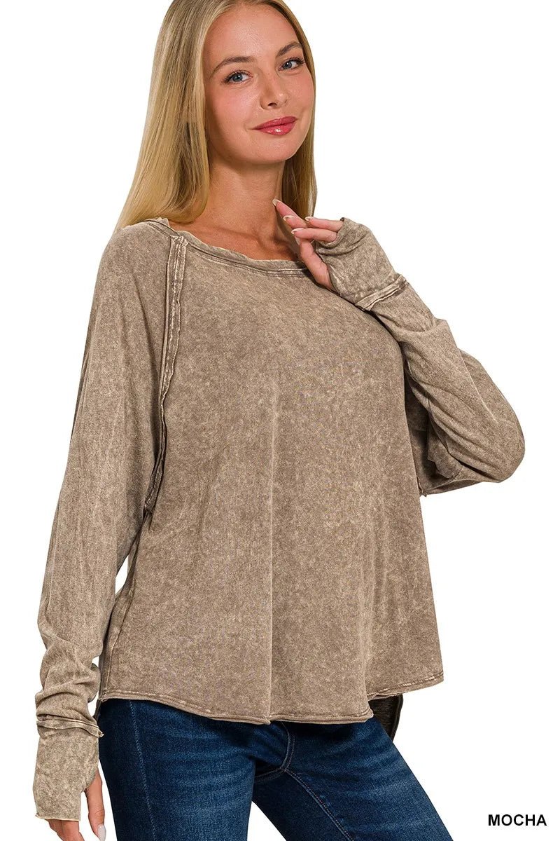 Zenana Crinkle Washed Thumb Hole Cuffs Long Sleeve Top - PBNJ FASHIONS