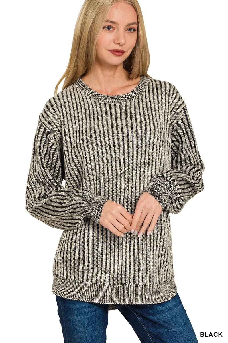 Zenana Curved Hem Two - Tone Ribbed Sweater - PBNJ FASHIONS
