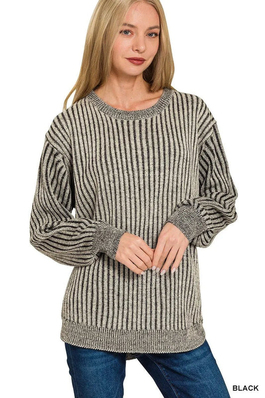 Zenana Curved Hem Two - Tone Ribbed Sweater - PBNJ FASHIONS
