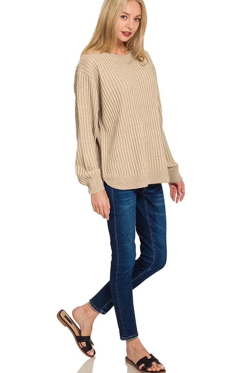 Zenana Curved Hem Two - Tone Ribbed Sweater - PBNJ FASHIONS