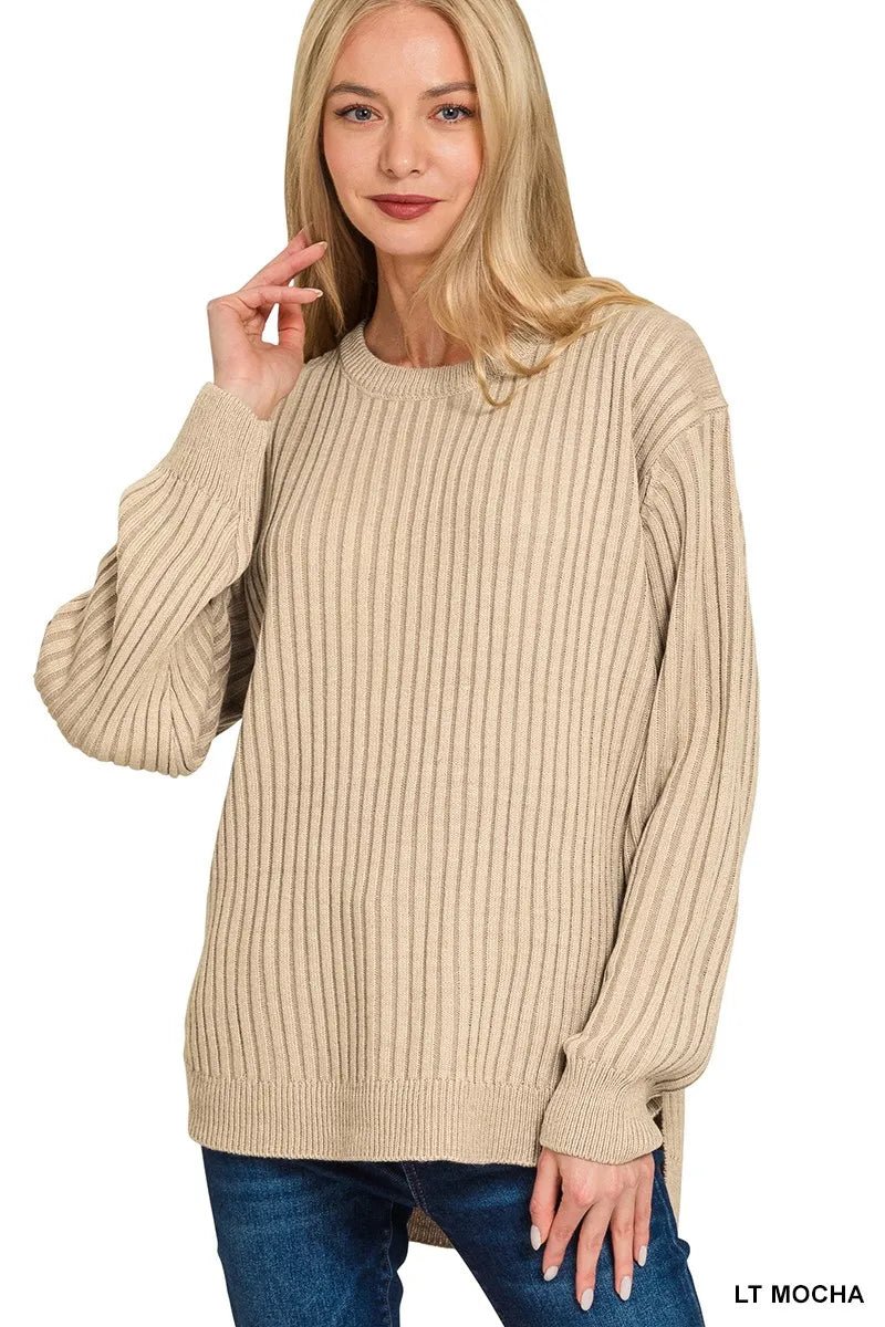 Zenana Curved Hem Two - Tone Ribbed Sweater - PBNJ FASHIONS