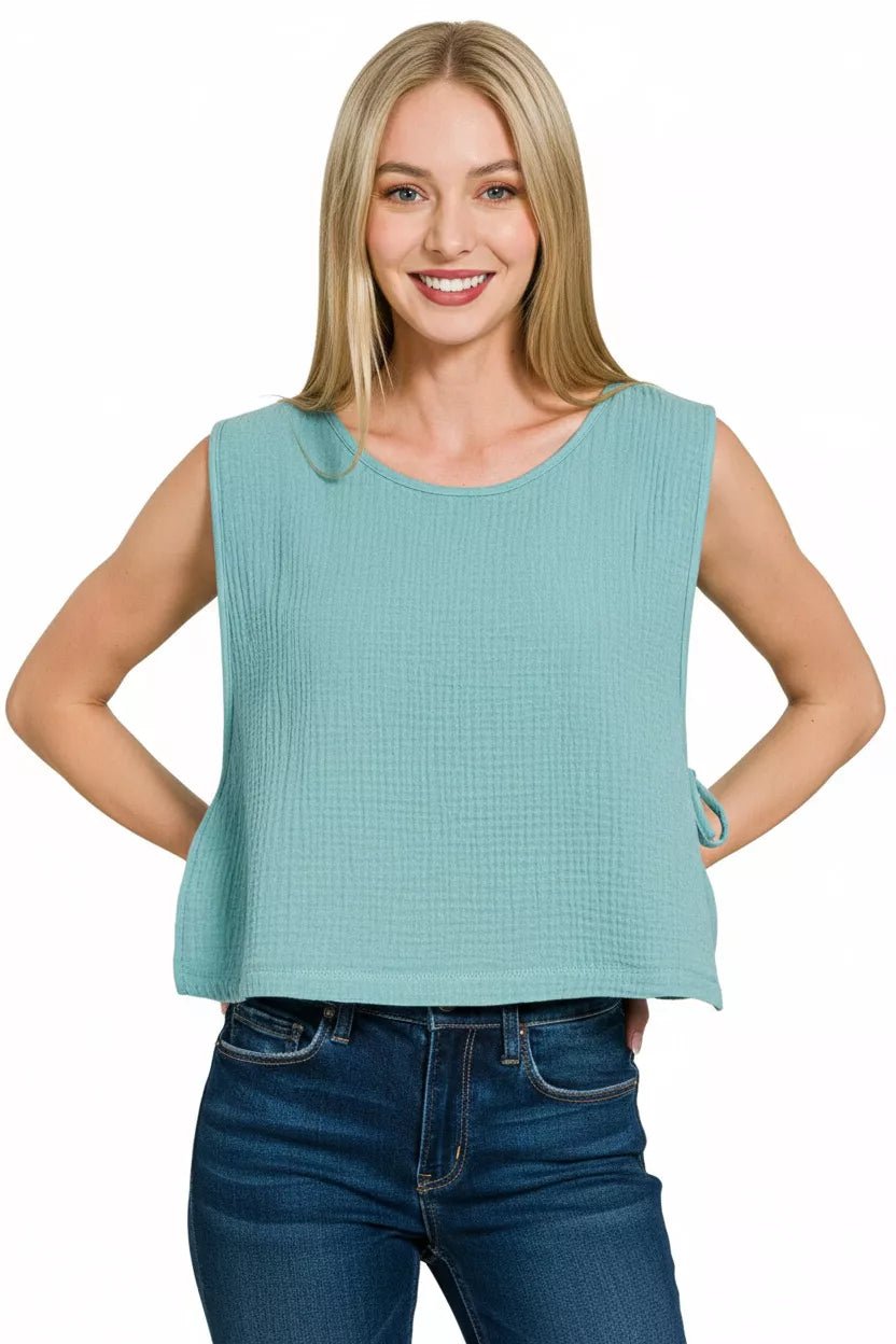Zenana Double Gauze Side Tie Sleeveless Top - PBNJ FASHIONS