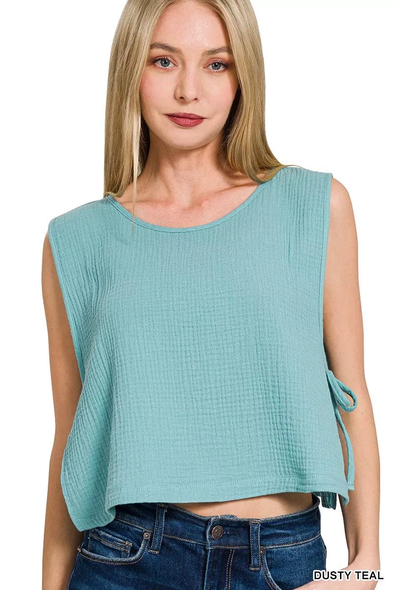 Zenana Double Gauze Side Tie Sleeveless Top - PBNJ FASHIONS