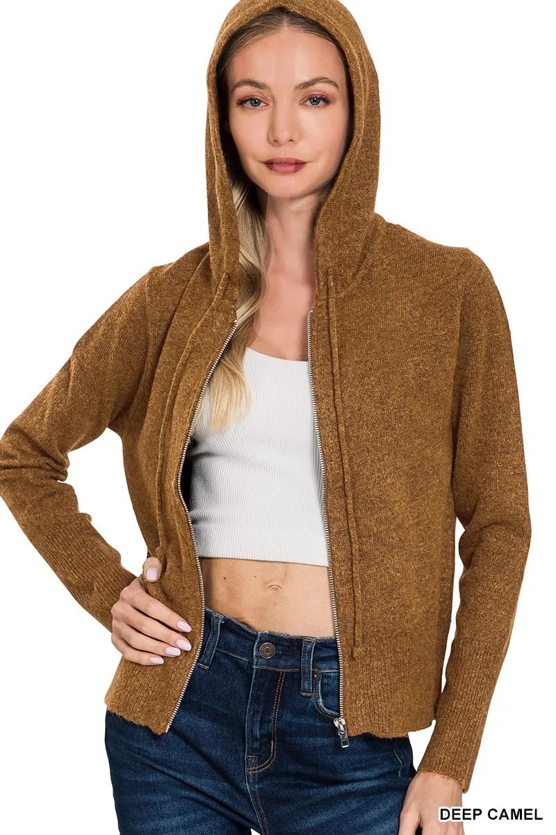 Zenana Drawstring Zip Up Hooded Cardigan - PBNJ FASHIONS