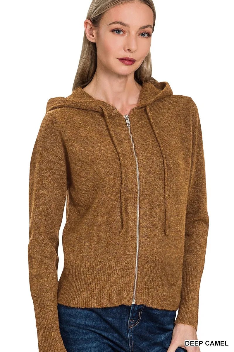 Zenana Drawstring Zip Up Hooded Cardigan - PBNJ FASHIONS