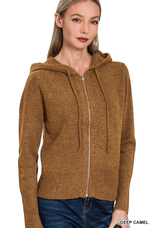 Zenana Drawstring Zip Up Hooded Cardigan - PBNJ FASHIONS