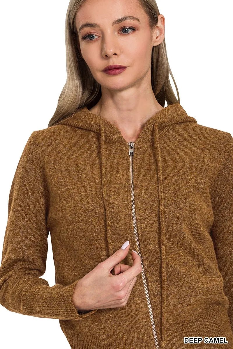 Zenana Drawstring Zip Up Hooded Cardigan - PBNJ FASHIONS