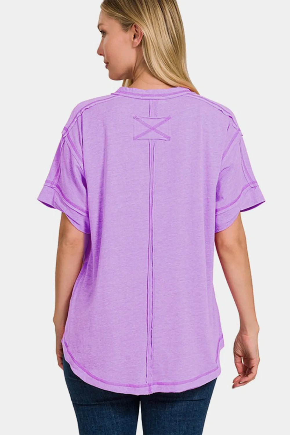 Zenana Exposed Seam Half Button Short Sleeve Top - PBNJ FASHIONS
