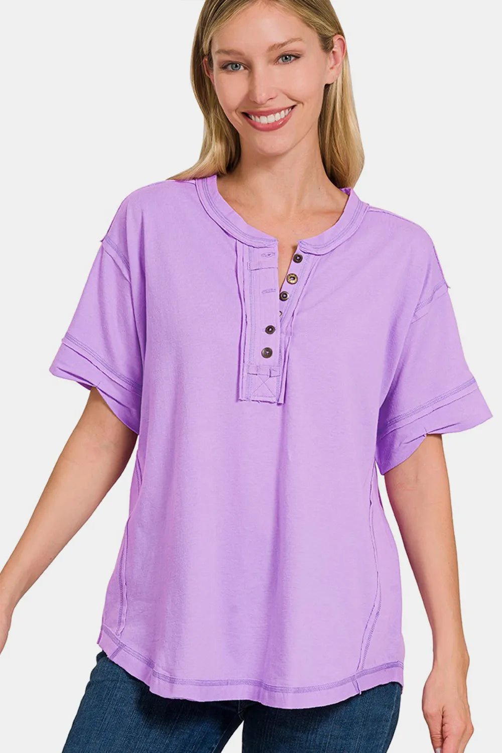 Zenana Exposed Seam Half Button Short Sleeve Top - PBNJ FASHIONS