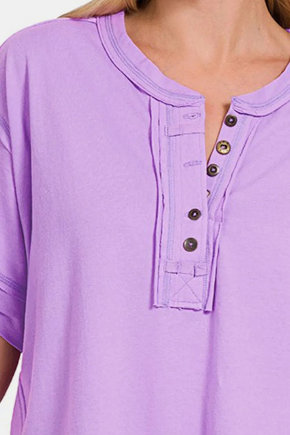 Zenana Exposed Seam Half Button Short Sleeve Top - PBNJ FASHIONS