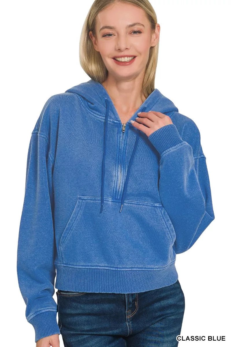 Zenana Fleece Pigment Dye Half Zip Kangaroo Pocket Hoodie - PBNJ FASHIONS