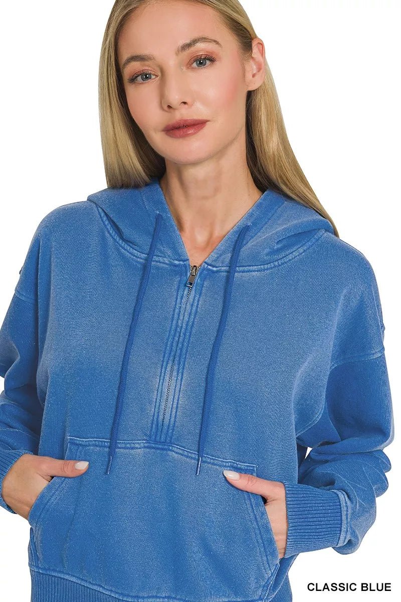 Zenana Fleece Pigment Dye Half Zip Kangaroo Pocket Hoodie - PBNJ FASHIONS