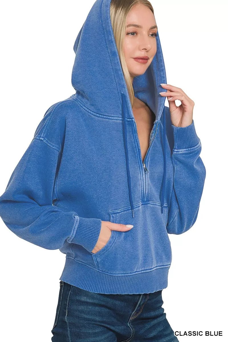 Zenana Fleece Pigment Dye Half Zip Kangaroo Pocket Hoodie - PBNJ FASHIONS