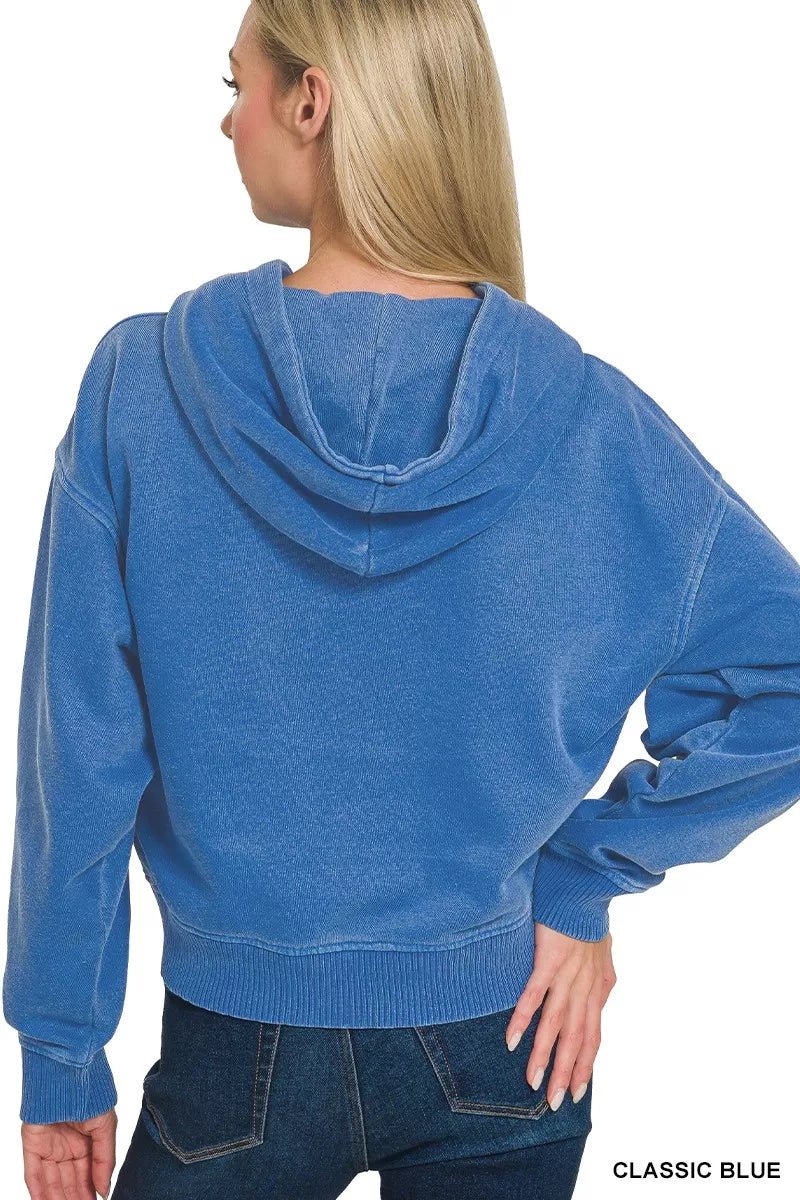 Zenana Fleece Pigment Dye Half Zip Kangaroo Pocket Hoodie - PBNJ FASHIONS