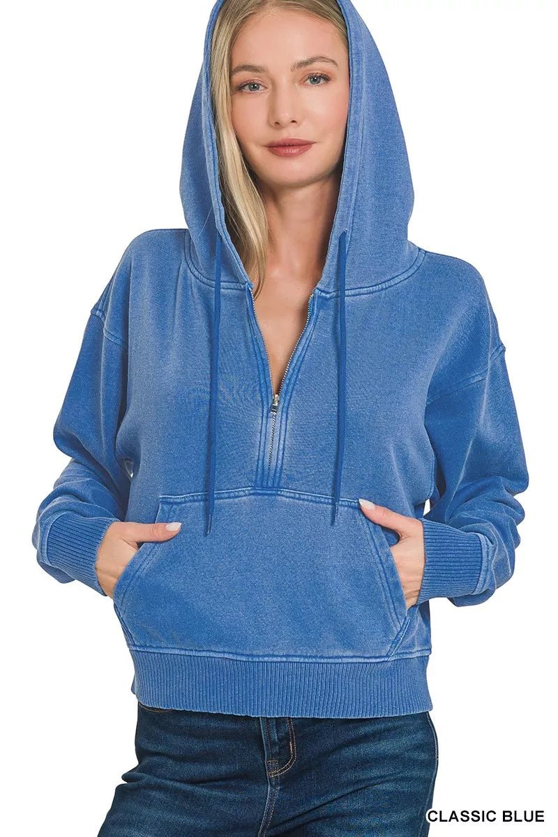 Zenana Fleece Pigment Dye Half Zip Kangaroo Pocket Hoodie - PBNJ FASHIONS