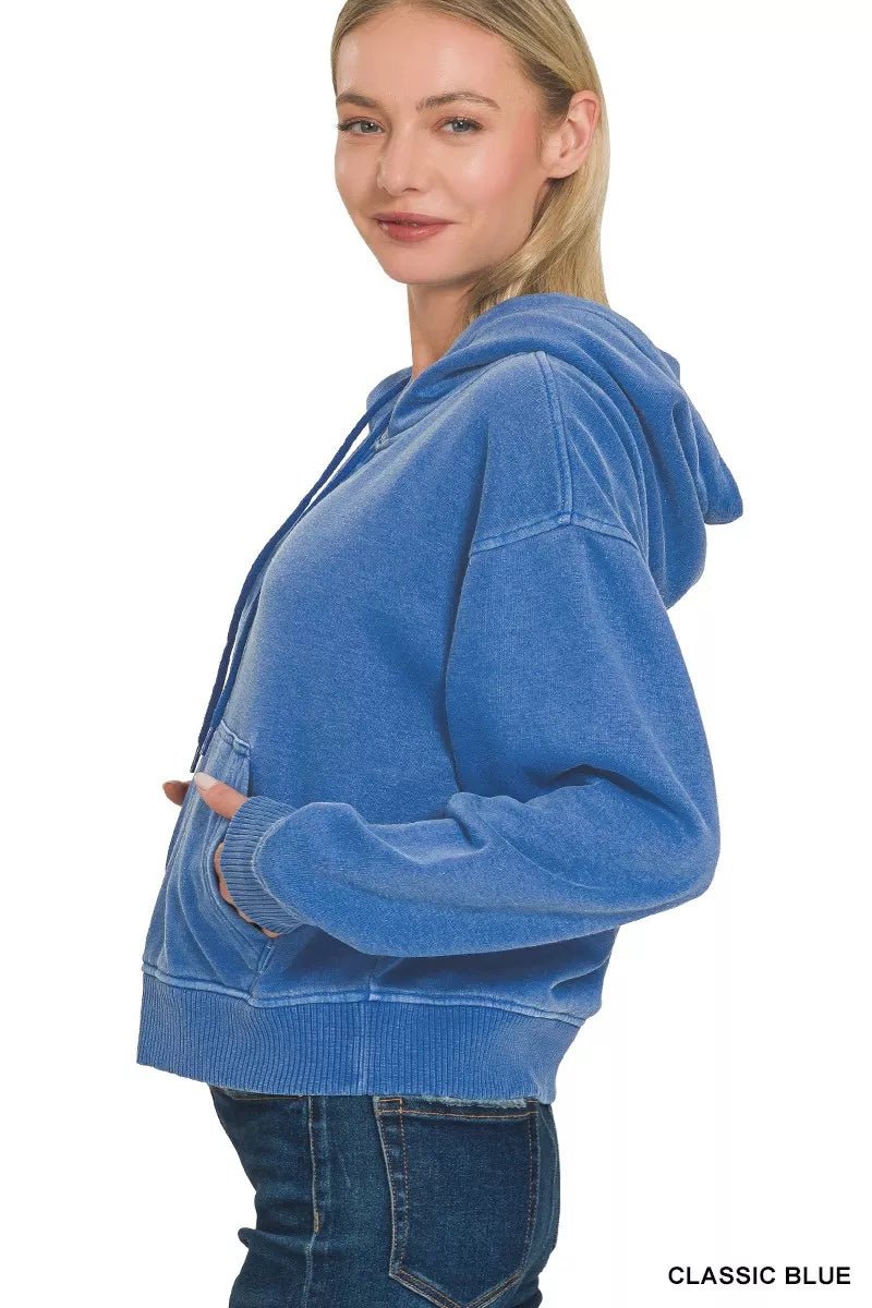 Zenana Fleece Pigment Dye Half Zip Kangaroo Pocket Hoodie - PBNJ FASHIONS