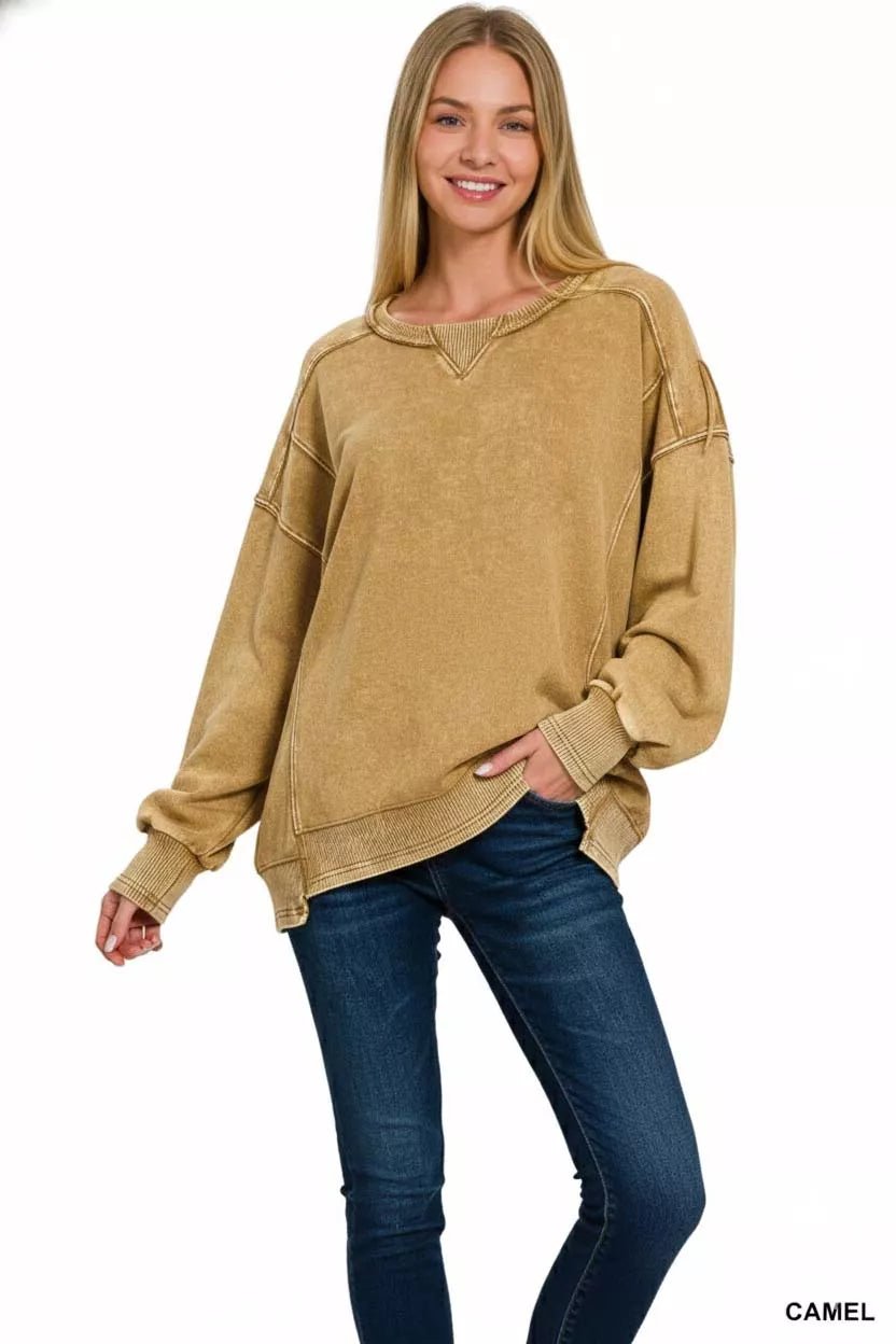 Zenana French Terry Acid Wash Pullover - PBNJ FASHIONS