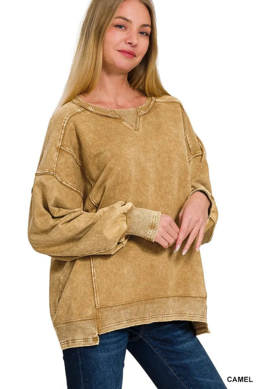 Zenana French Terry Acid Wash Pullover - PBNJ FASHIONS