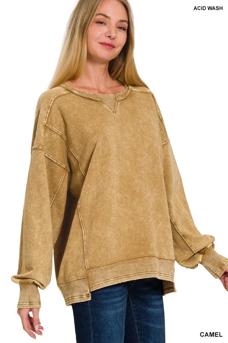 Zenana French Terry Acid Wash Pullover - PBNJ FASHIONS
