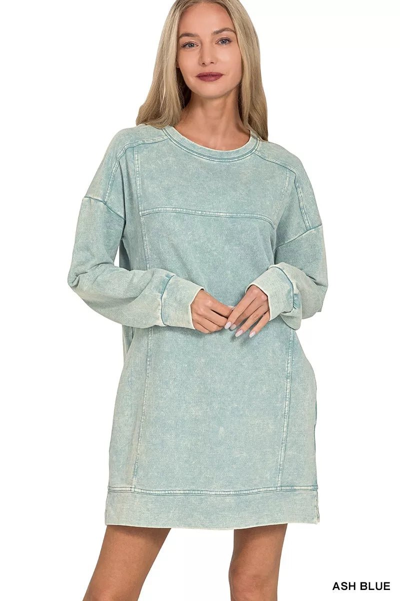 Zenana French Terry Acid Washed Dress with Pockets - PBNJ FASHIONS