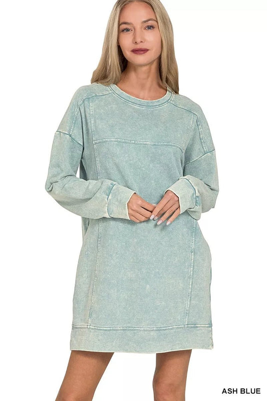 Zenana French Terry Acid Washed Dress with Pockets - PBNJ FASHIONS