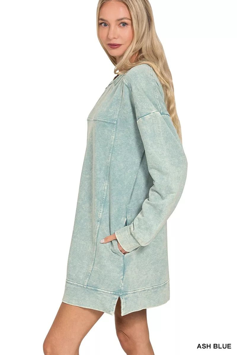 Zenana French Terry Acid Washed Dress with Pockets - PBNJ FASHIONS