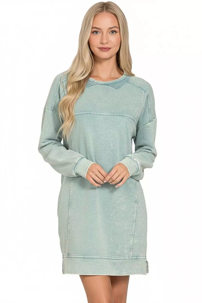 Zenana French Terry Acid Washed Dress with Pockets - PBNJ FASHIONS