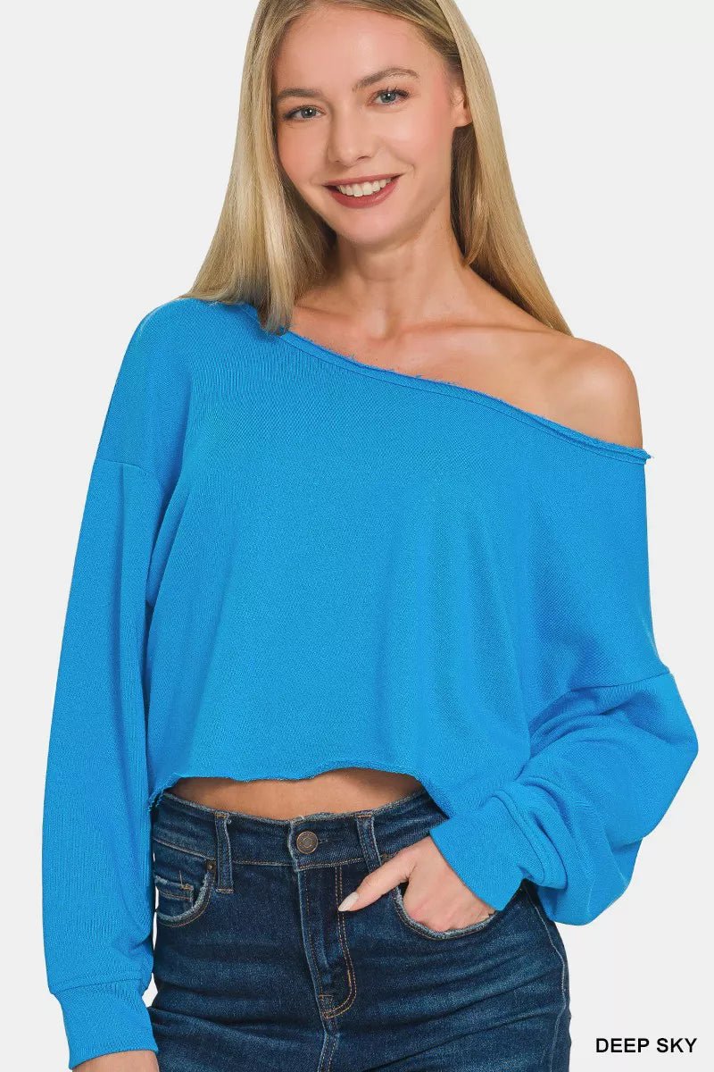 Zenana French Terry Boatneck Crop Top - PBNJ FASHIONS
