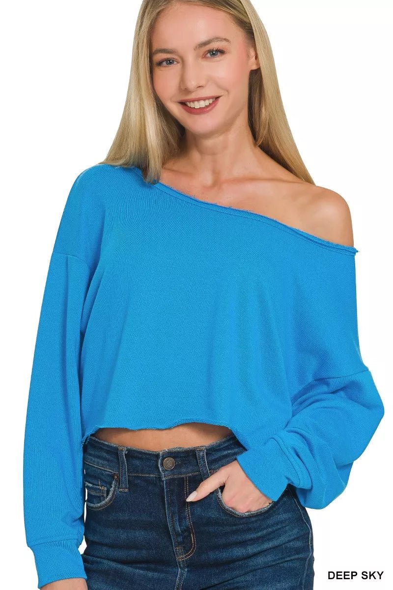 Zenana French Terry Boatneck Crop Top - PBNJ FASHIONS