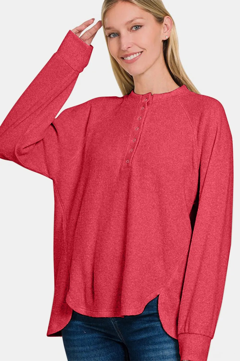 Zenana Full Size Brushed Melange Hacci High - Low Sweater - PBNJ FASHIONS