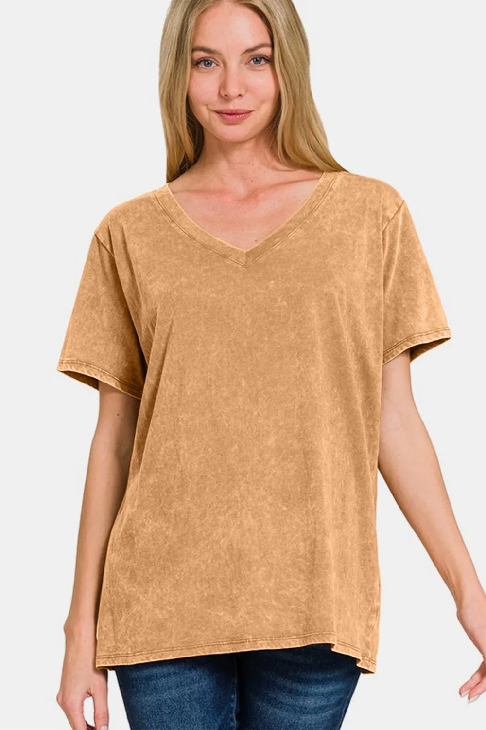 Zenana Full Size Washed Short Sleeve V - Neck T-Shirt - PBNJ FASHIONS