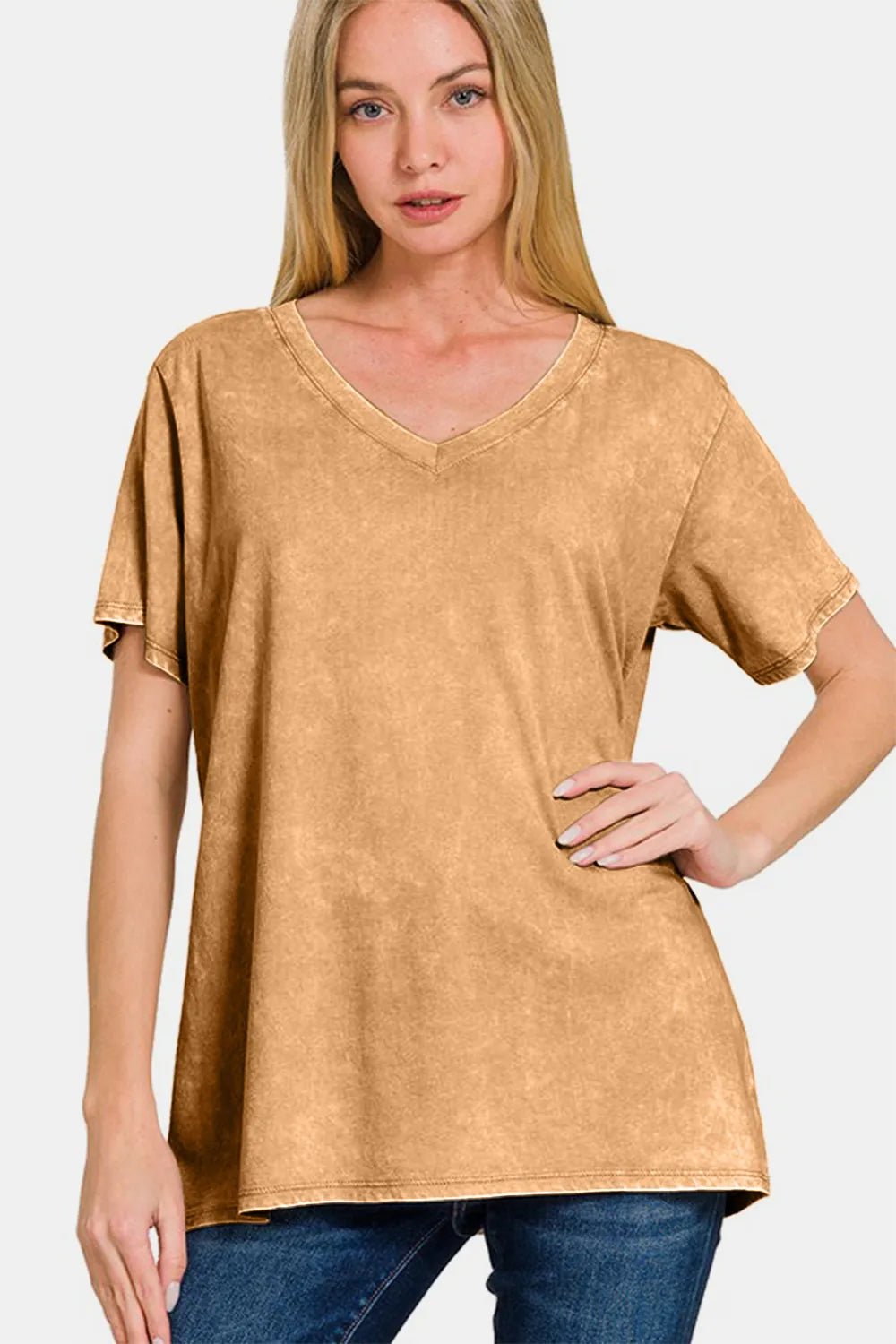Zenana Full Size Washed Short Sleeve V - Neck T-Shirt - PBNJ FASHIONS