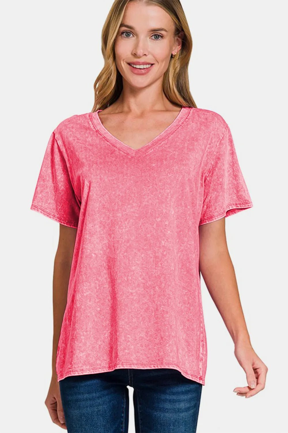 Zenana Full Size Washed Short Sleeve V - Neck T-Shirt - PBNJ FASHIONS